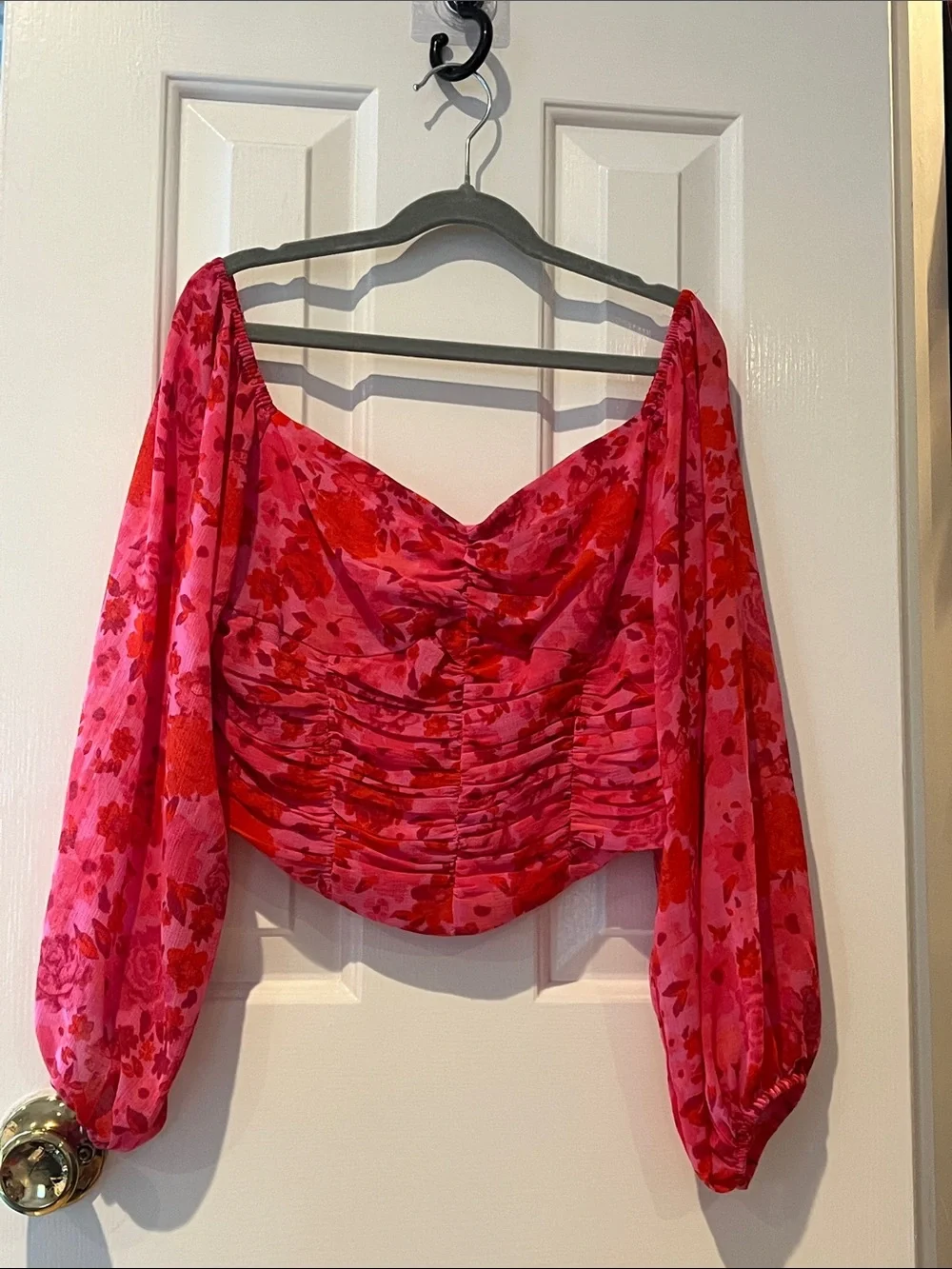 Free People Pink and Red Floral Off-Shoulder Ruched Blouse